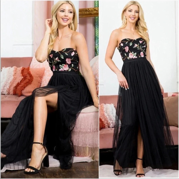 Black Floral Chiffon Maxi Dress | Strapless Sweetheart Slit Evening Gown - Picture 3 of 9